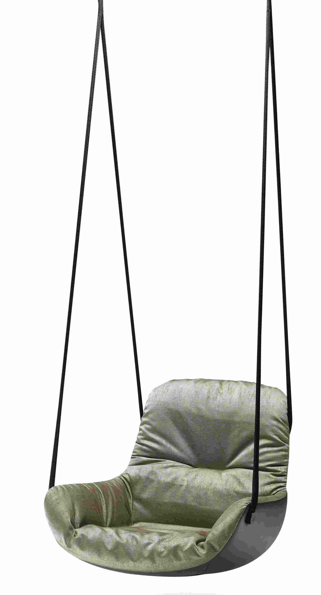 Leya Swing Seat von Freifrau Manufaktur: Hängesessel in Grün mit schwarzen Seilen für entspanntes Schwingen.