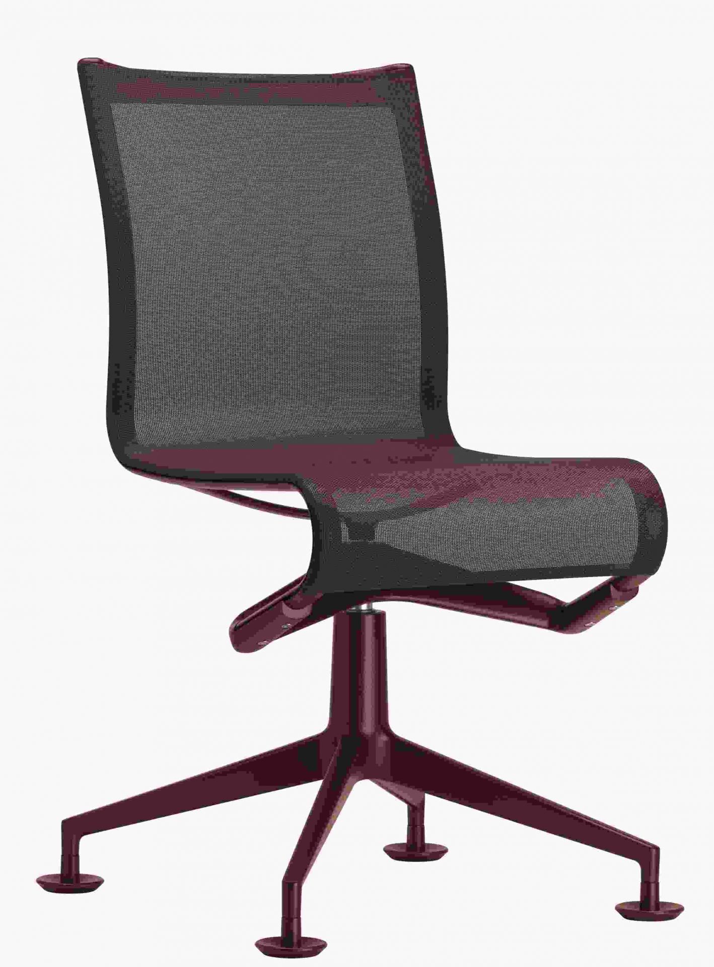 Meetingframe Drehstuhl mit schwarzem Netzstoff und weinrotem Gestell, ergonomischer Bürostuhl für Konferenzräume.