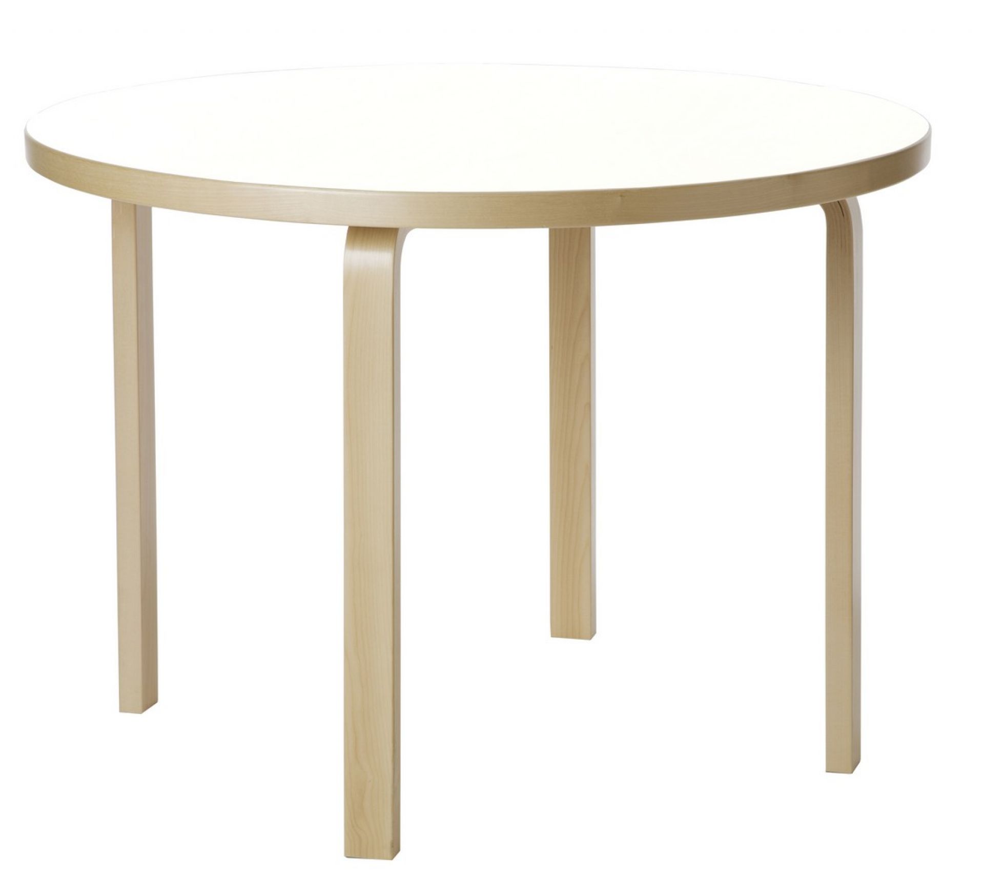 Artek 90A Tisch mit runder, weißer Tischplatte und hellen Holzbeinen, skandinavisches Design.