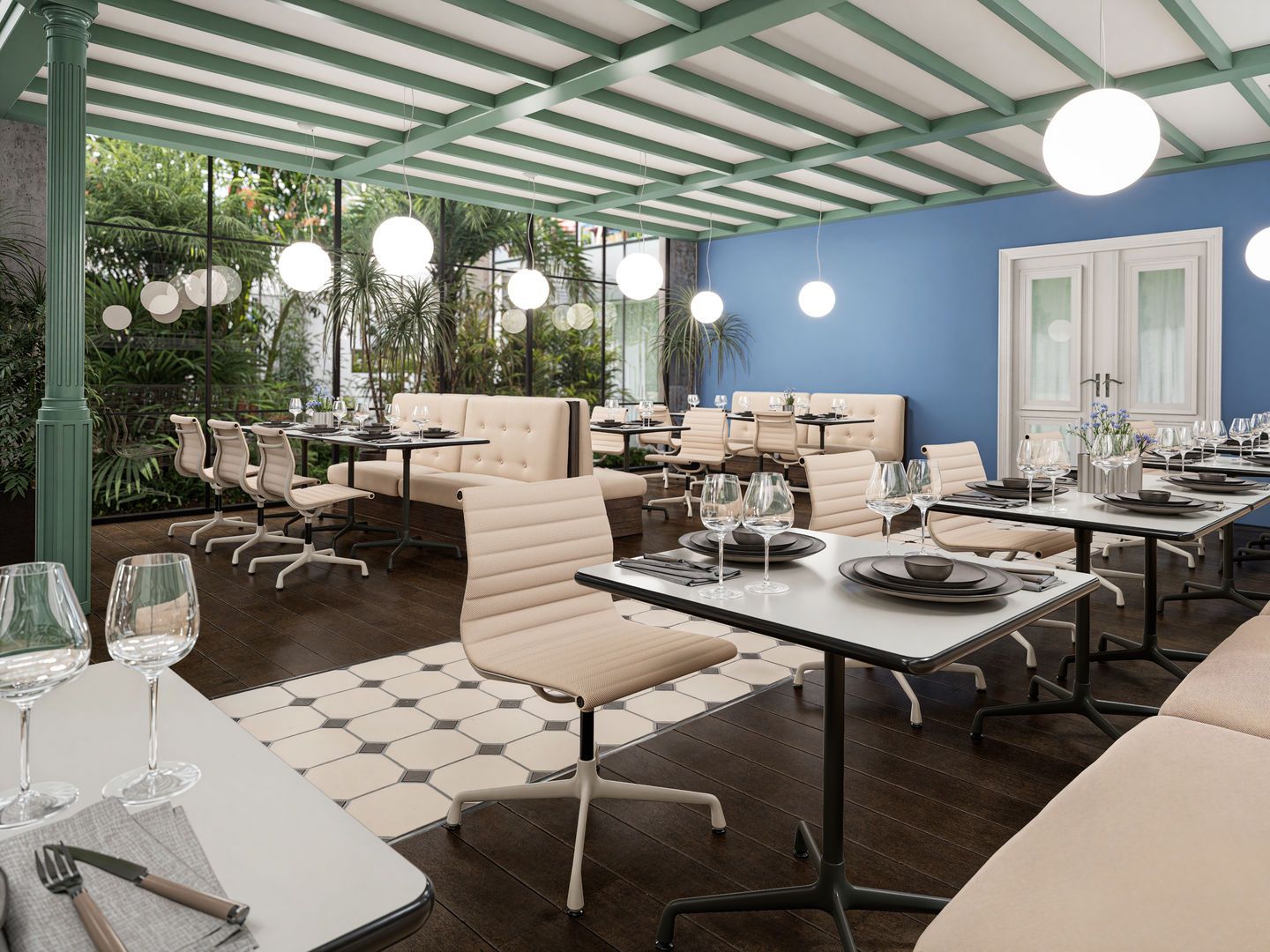 Innenansicht eines Restaurants mit Vitra Aluminium Chair EA 104 Stühlen an gedeckten Tischen.