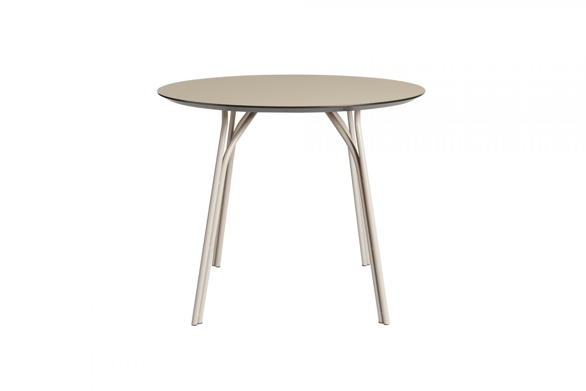 Tree Esstisch von Woud: Runder Tisch mit beiger Tischplatte und filigranem, schwarzem Metallgestell.