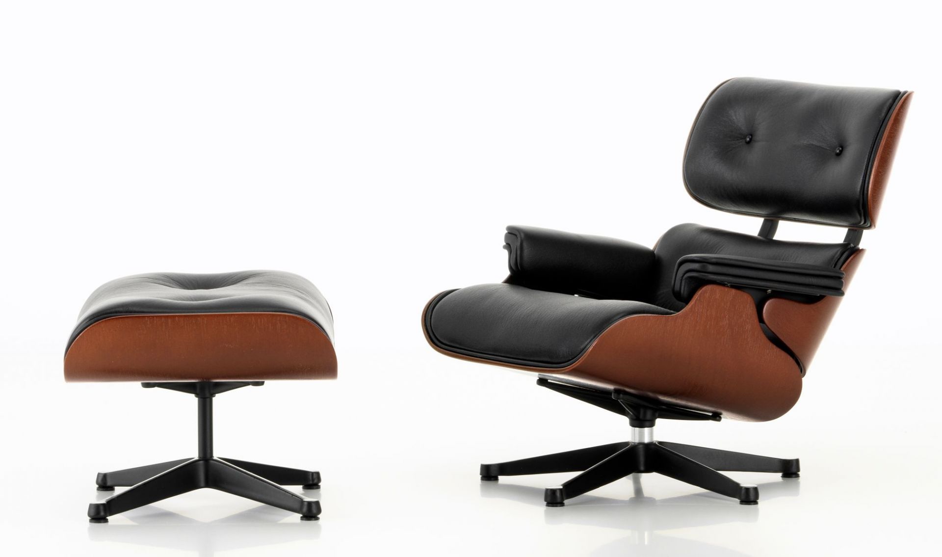 Vitra Lounge Chair mit Ottoman Miniatur, schwarzes Leder, Holzschale, Designklassiker für Wohnzimmer.