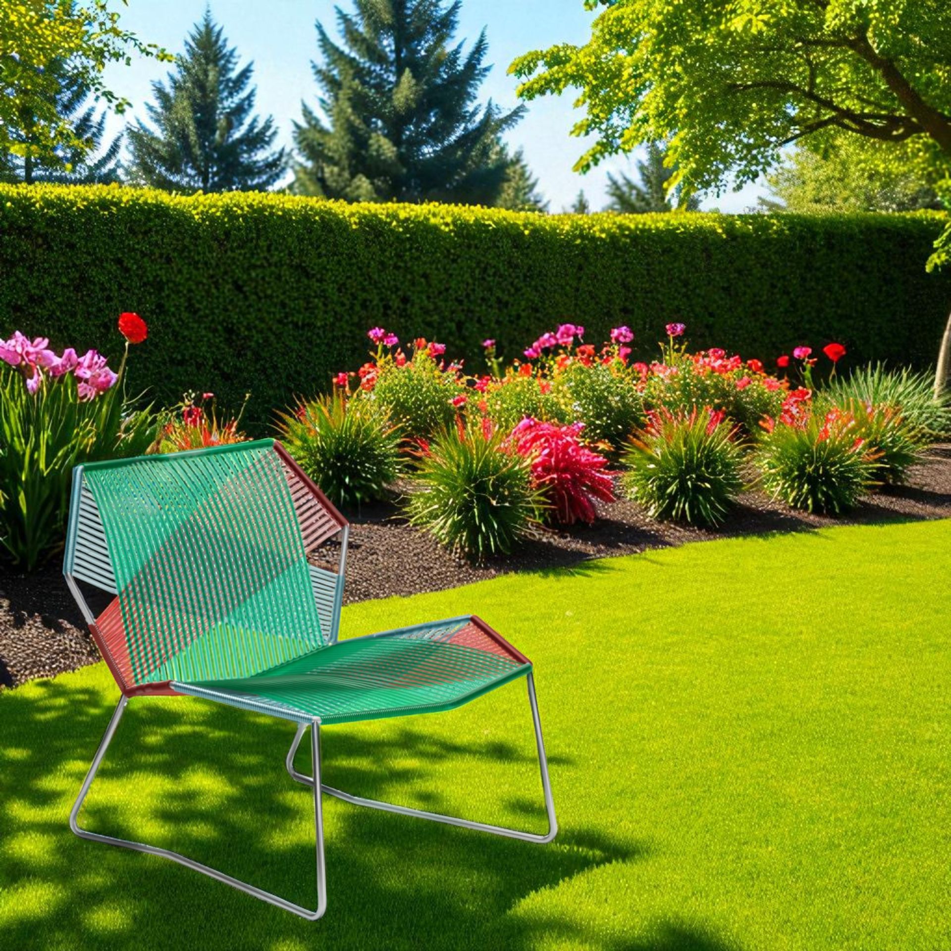 Tropicalia TR0 Sessel von Moroso, grüner Outdoor Sessel aus Polymer mit Stahlgestell im Garten.