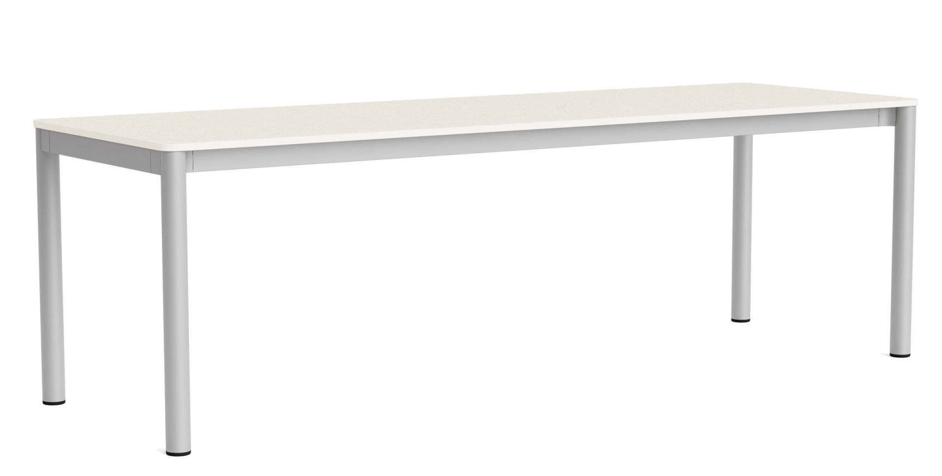 Annex Table Flush Esstisch von Hay mit hellbeiger Tischplatte und silberfarbenem Metallgestell, freigestellt.