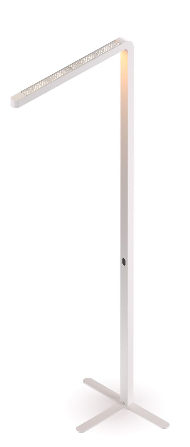 Team Agile Stehleuchte in Grau: Moderne LED-Stehlampe mit minimalistischem Design und kreuzförmigem Fuß für Wohnzimmer und Büro.