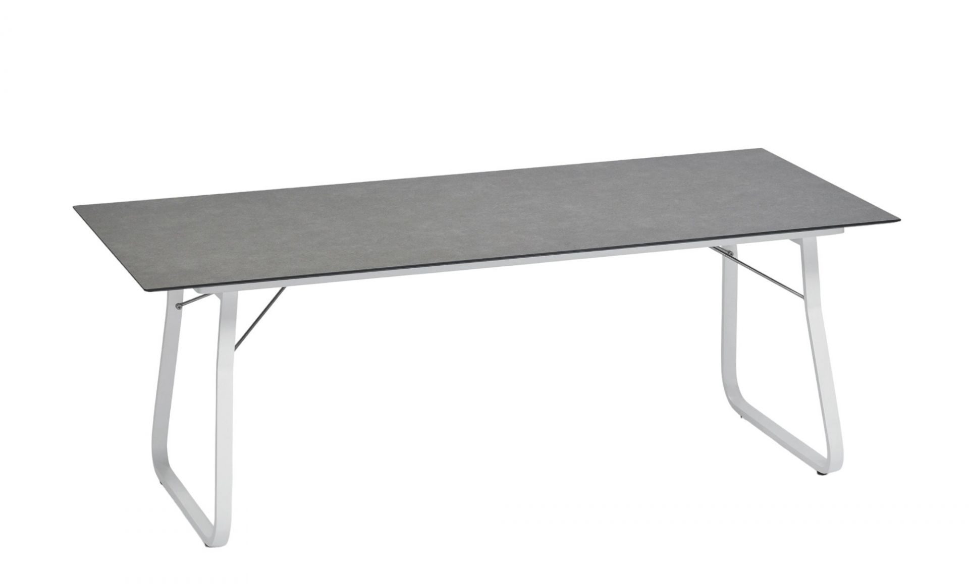 Ahoi Tisch von Weishäupl, Outdoor Tisch mit grauer Tischplatte und weißem Gestell.