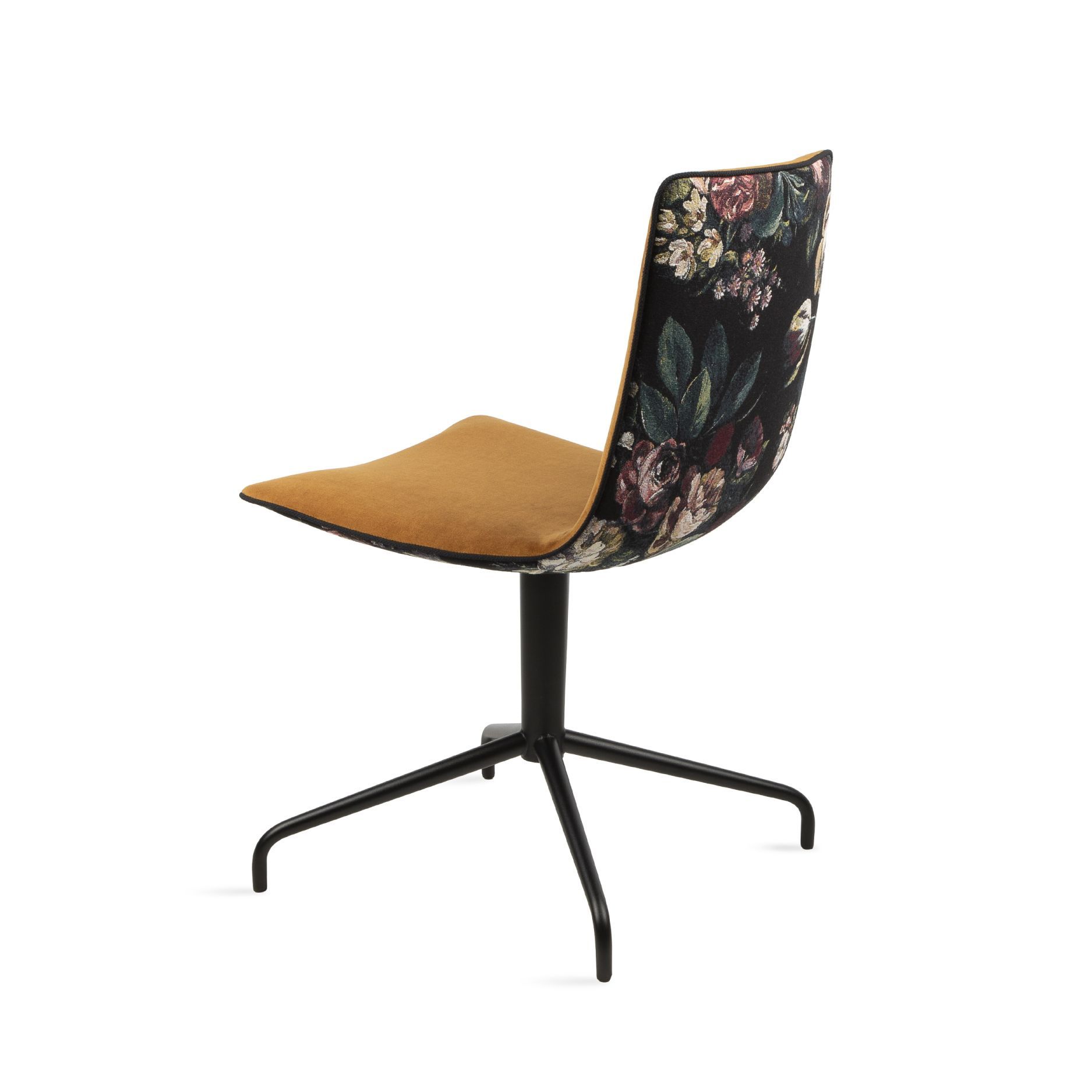 Amelie Basic Stuhl von Freifrau Manufaktur mit floralem Muster und gelbem Sitzpolster, modernes Design.