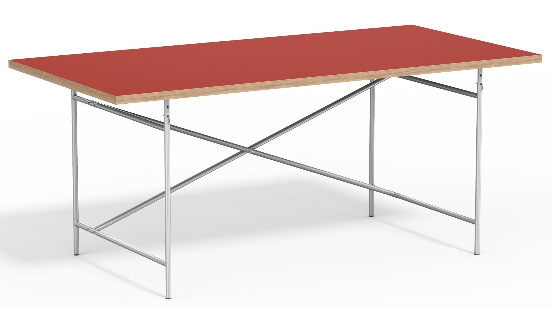 Eiermann Tisch mit roter Tischplatte und Stahlgestell, Designklassiker für Büro und Arbeitszimmer.