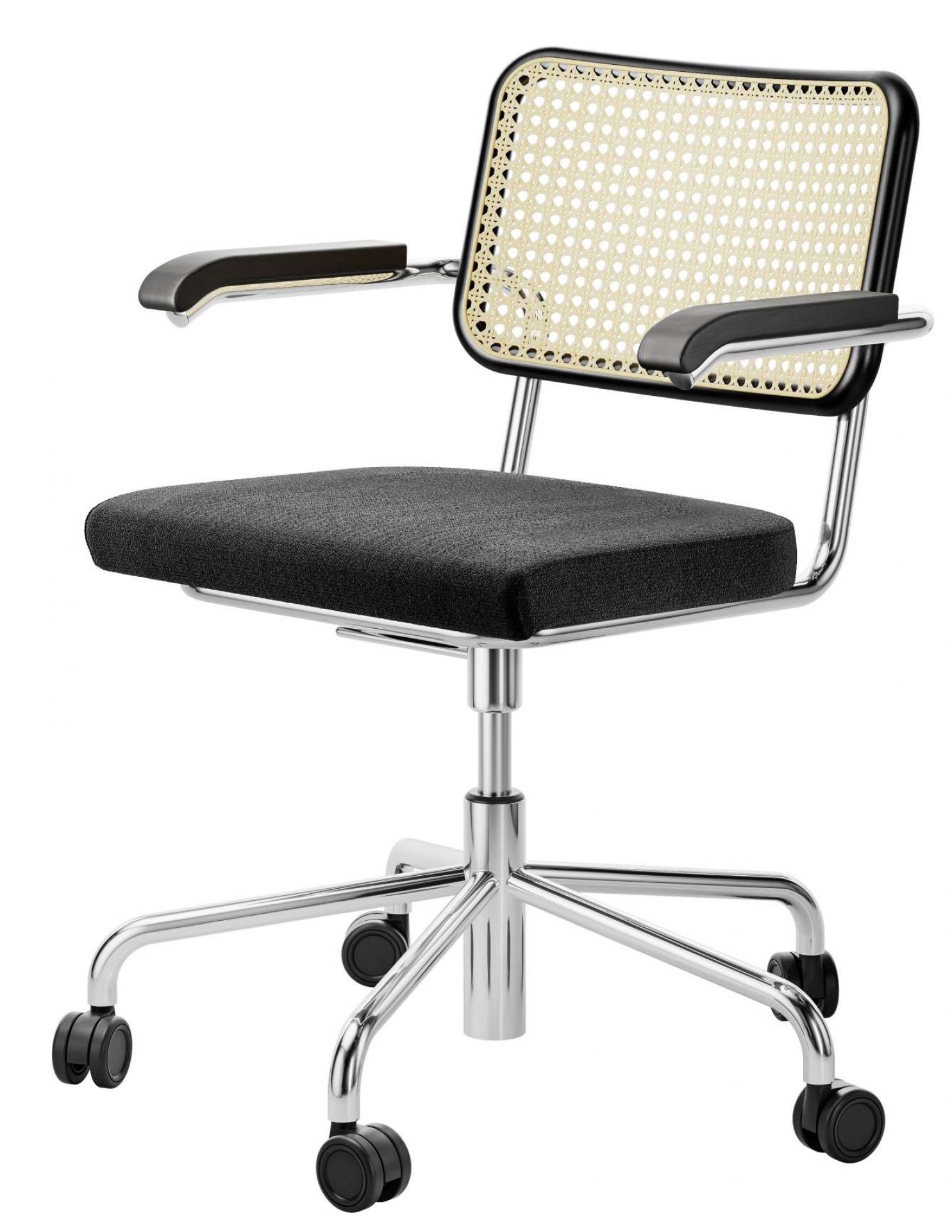 Bild des Thonet S 64 SPVDR Drehstuhls mit schwarzem Sitz und Wiener Geflecht im Rücken.