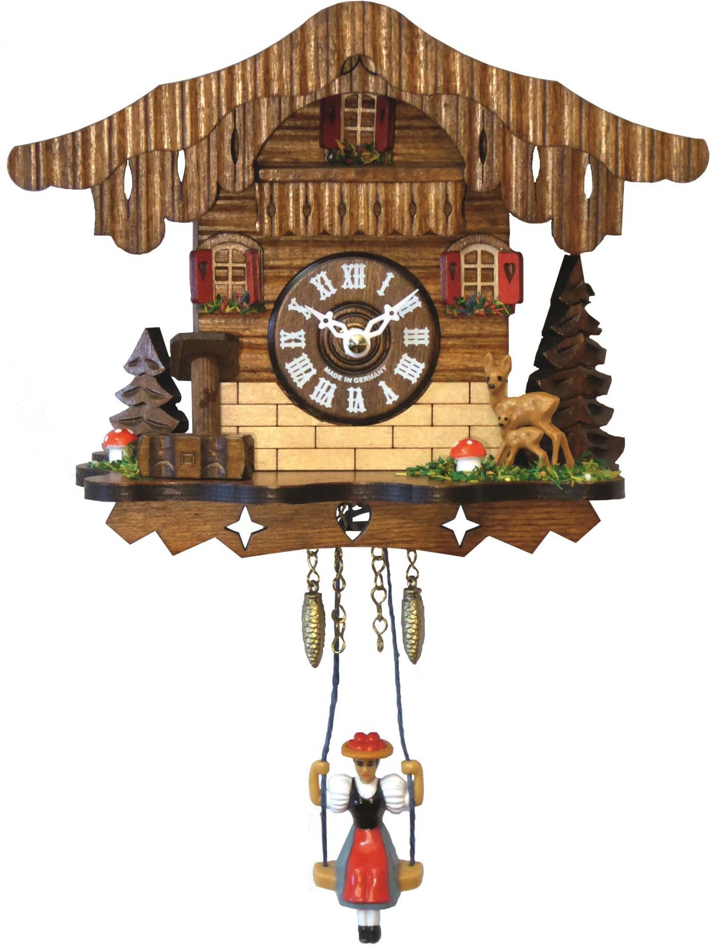 Detailaufnahme einer Quarz Kuckucksuhr im Chalet-Stil mit Pendel, Reh-Figur und Miniatur-Design.