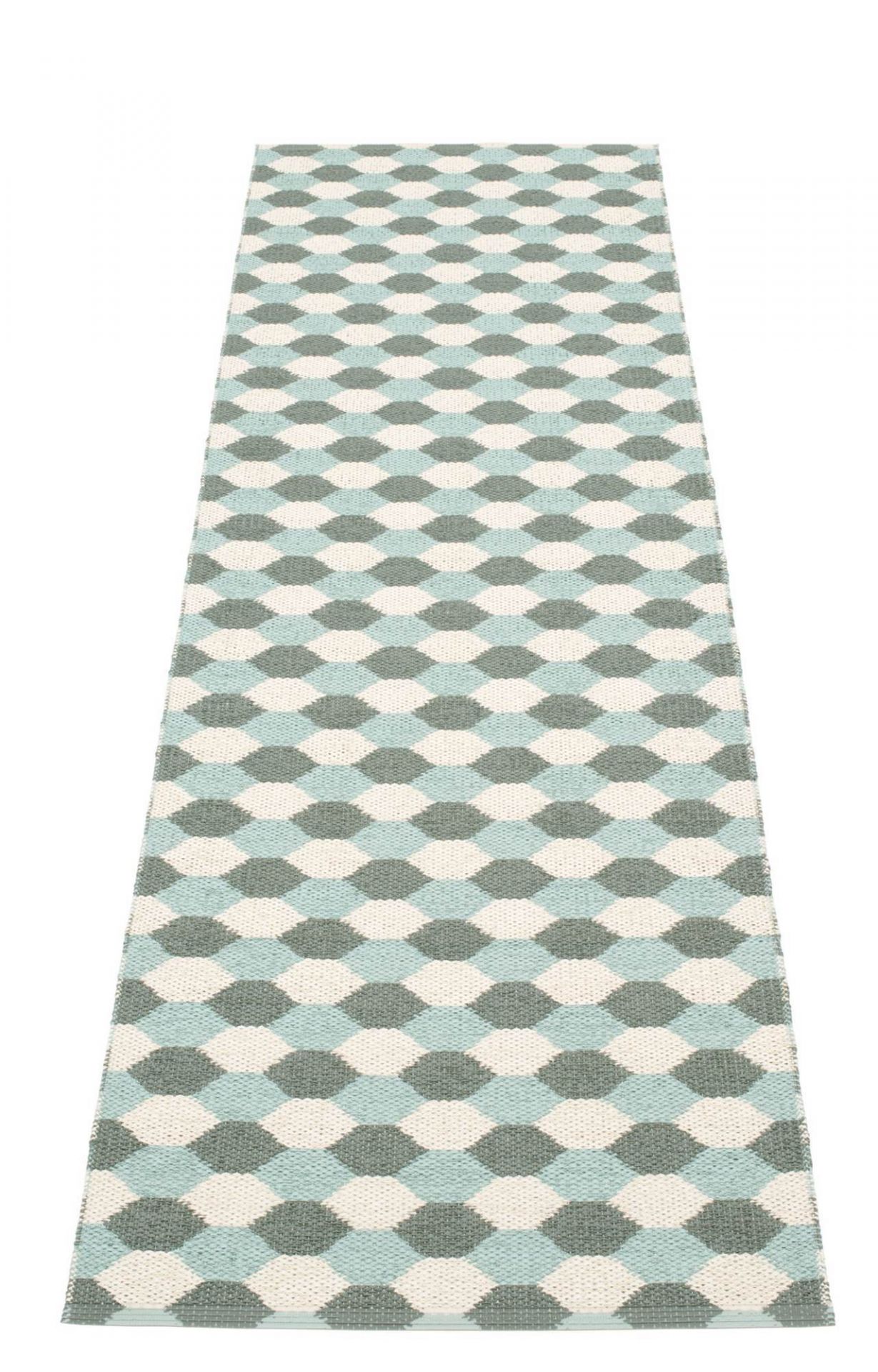 Dana Kunststoffteppich 70x250 grau Pappelina mit grafischem Muster aus grauen, weißen und türkisen Rauten.