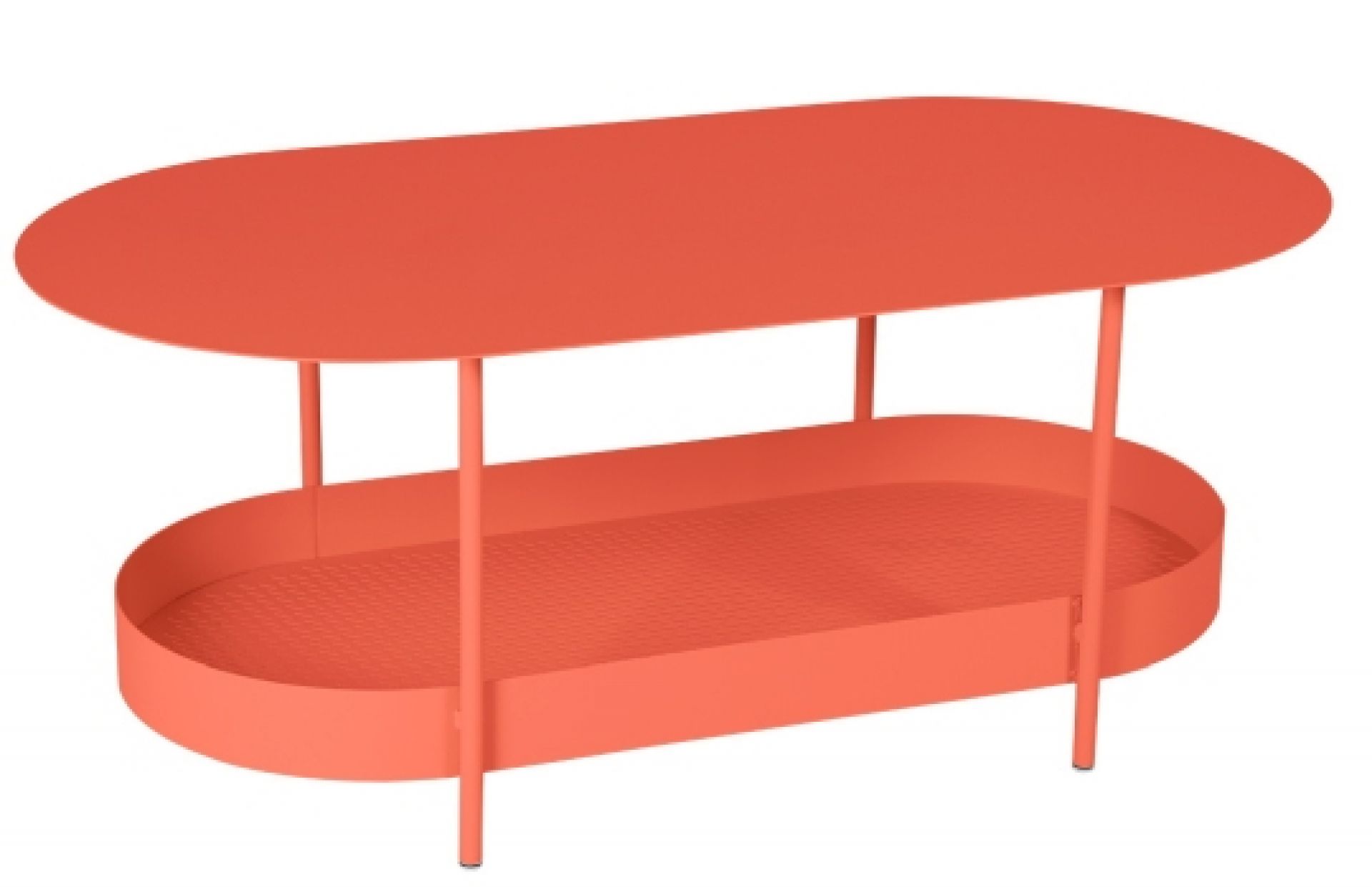 Salsa Outdoor Tisch von Fermob, niedriger Couchtisch in Koralle mit Ablage, ideal für Terrasse und Garten.