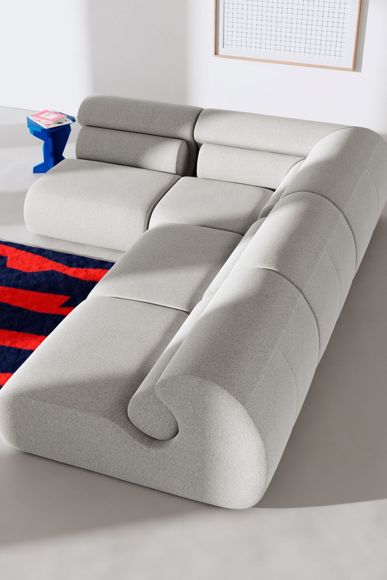 Helles Ecksofa OLA mit Pouf in modernem Wohnzimmer, minimalistisches Design mit modularen Sitzelementen und gemütlicher Atmosphäre.