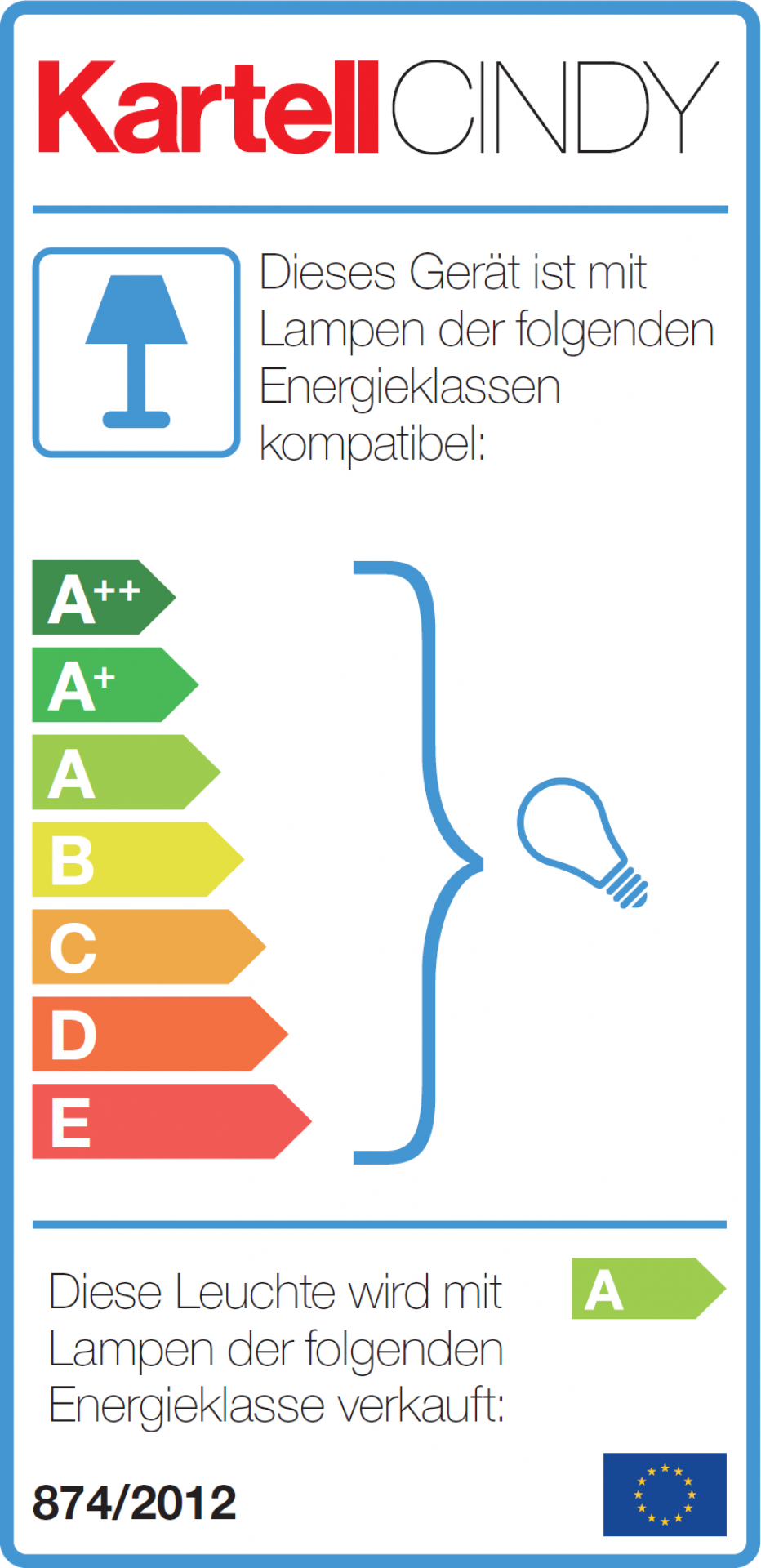 Cindy Tischleuchte Kartell: Energieeffizienz-Etikett mit Kompatibilitäts- und Verkaufsangaben für Lampen der Energieklasse A.