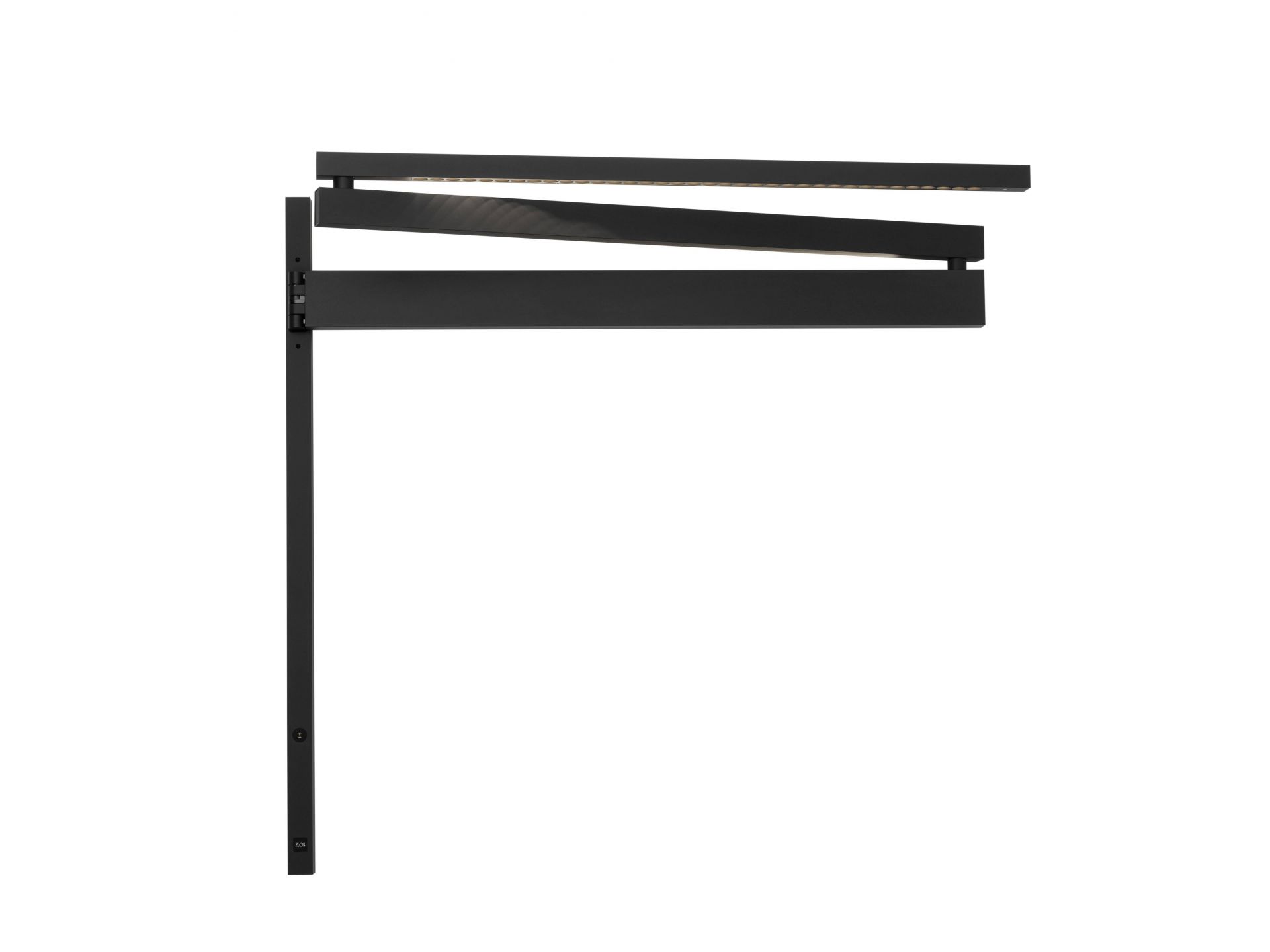 Schwarze Flos Black Flag Wandleuchte mit drei horizontalen Leuchtelementen und minimalistischem Design.