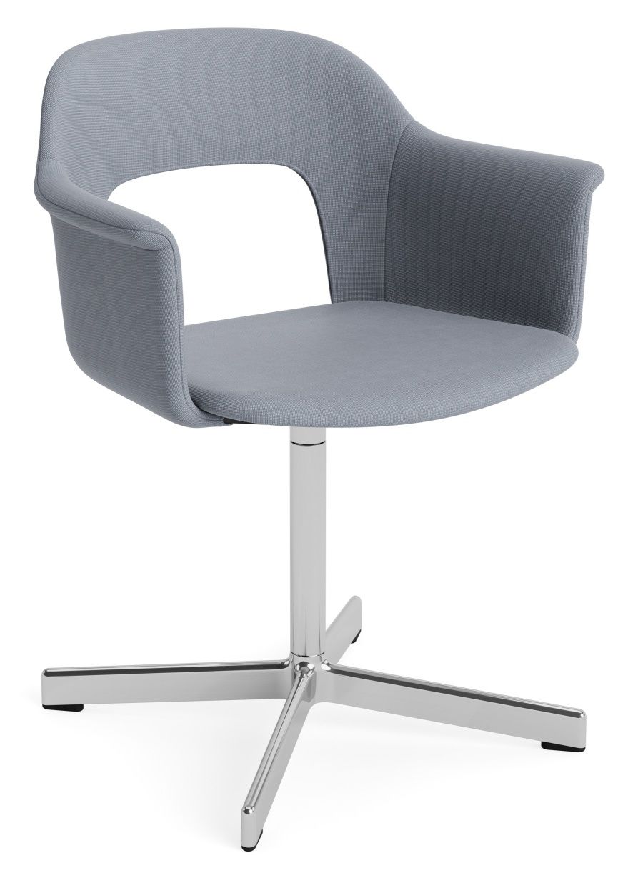 Layout Armchair 234 von Hay, grauer Stoffbezug, Armlehnen, Drehfußkreuz aus poliertem Aluminium für Büros.