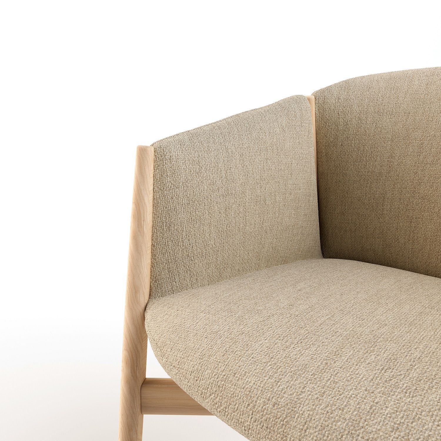 Detailaufnahme vom Kagu Stuhl mit Armlehnen von Cor, Bezug in Beige und hellem Holzgestell.