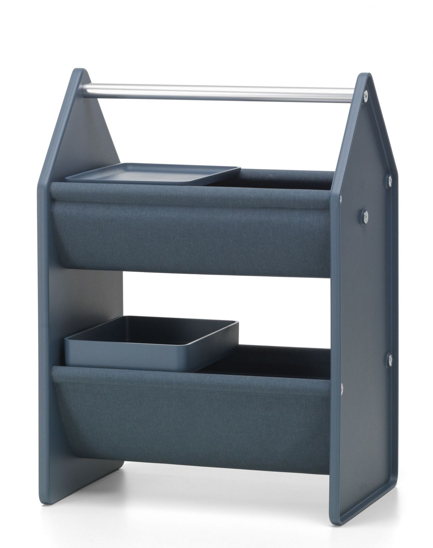 Vitra Drop Box Tray Set in Blau: Aufbewahrungssystem mit zwei Ablagen und Tragegriff aus Metall.