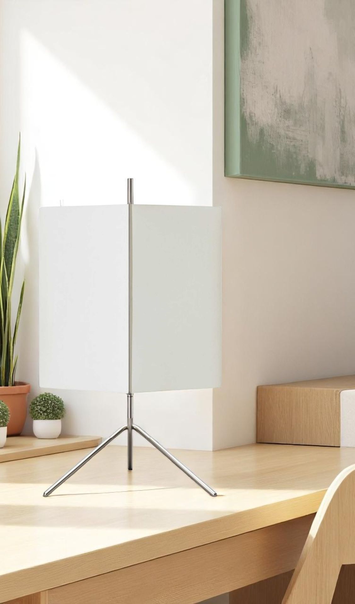 Nahaufnahme der 3T09 Table I Tischleuchte von Cassina mit weißem Lampenschirm und Stativfuß.