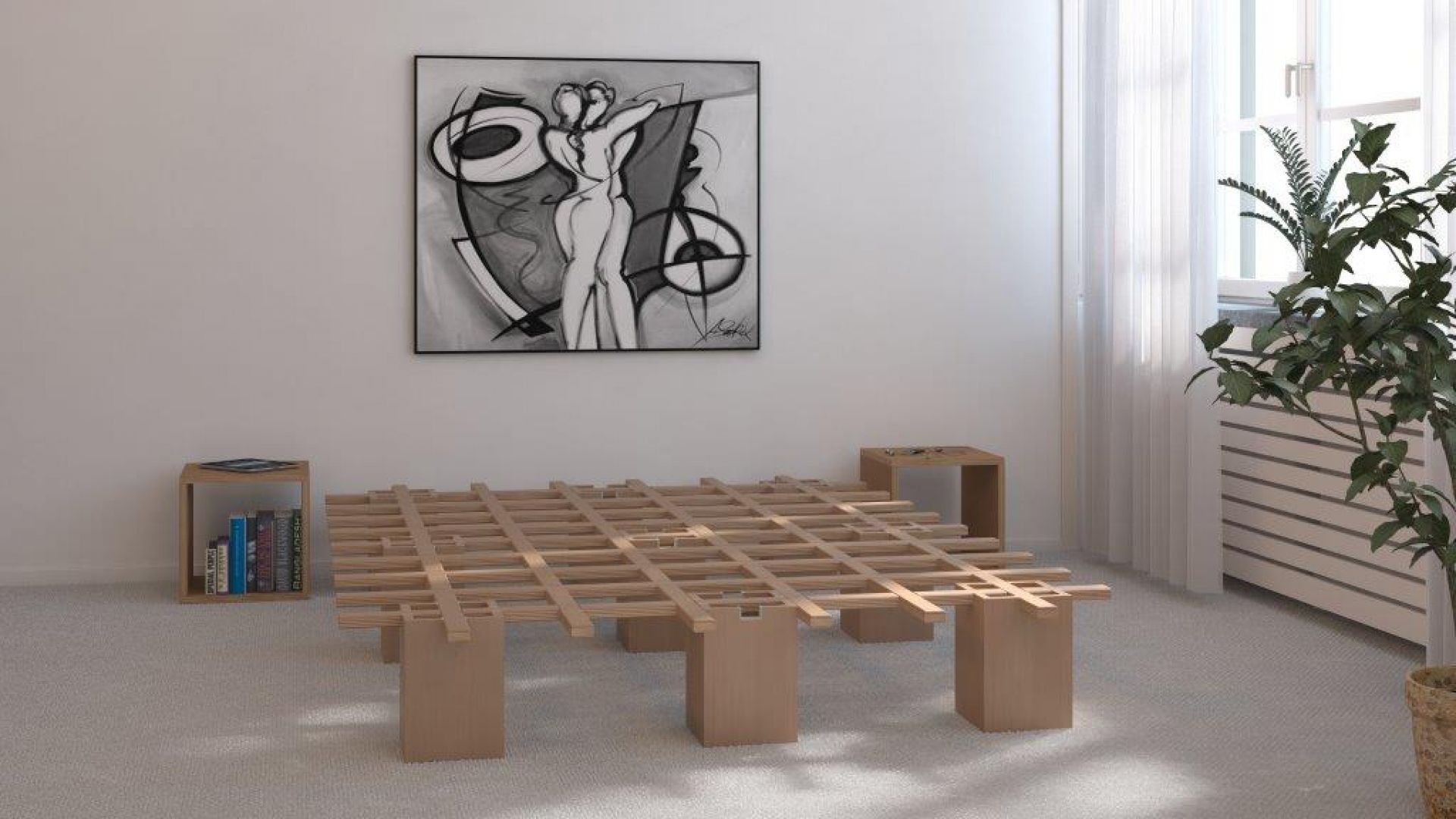 Tojo System Bett mit Cube Nachttisch im minimalistischen Schlafzimmer mit Kunst an der Wand.
