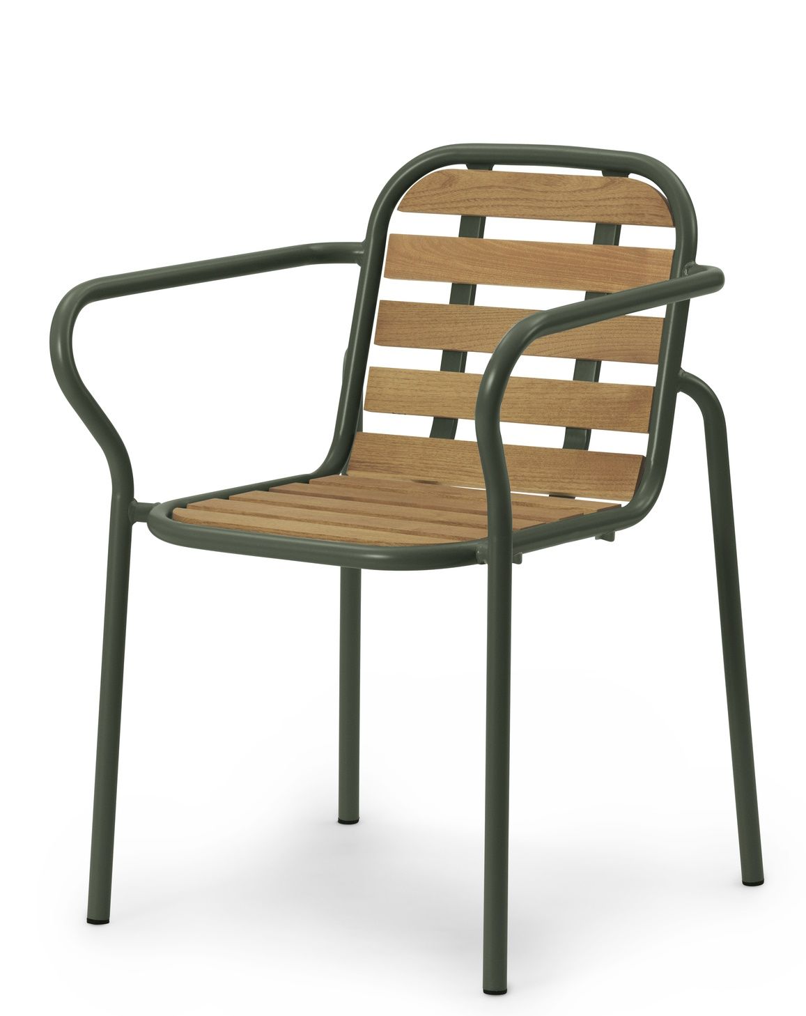Vig Armchair Wood Armlehnstuhl Outdoor von Normann Copenhagen, Gartenstuhl mit Armlehnen und Holzlatten in Grün.