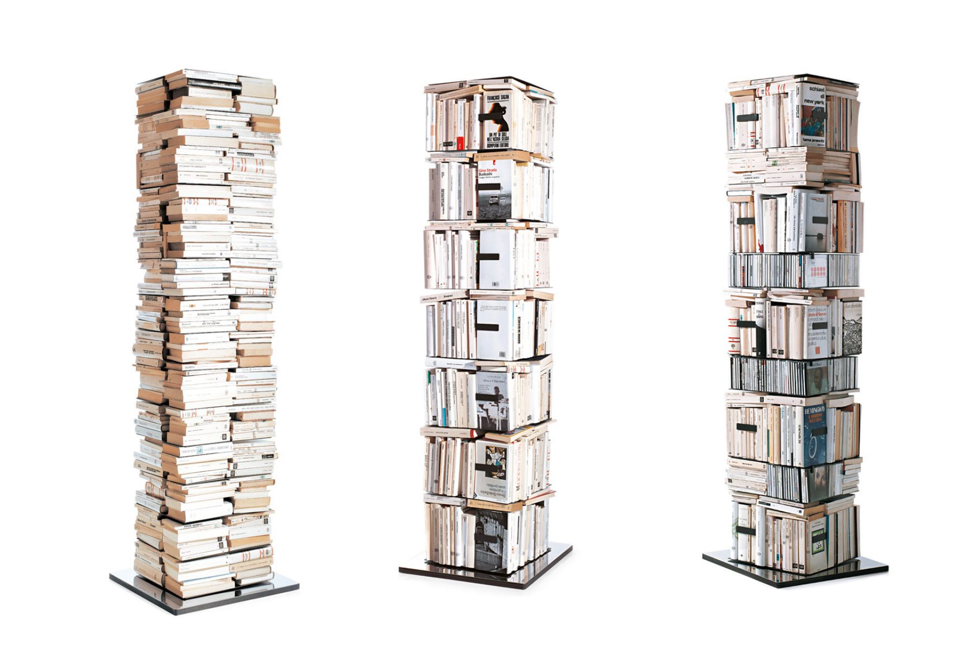 Drei Ptolomeo Bücherregale: Drehsäule für Bücher und CDs, modernes Design.