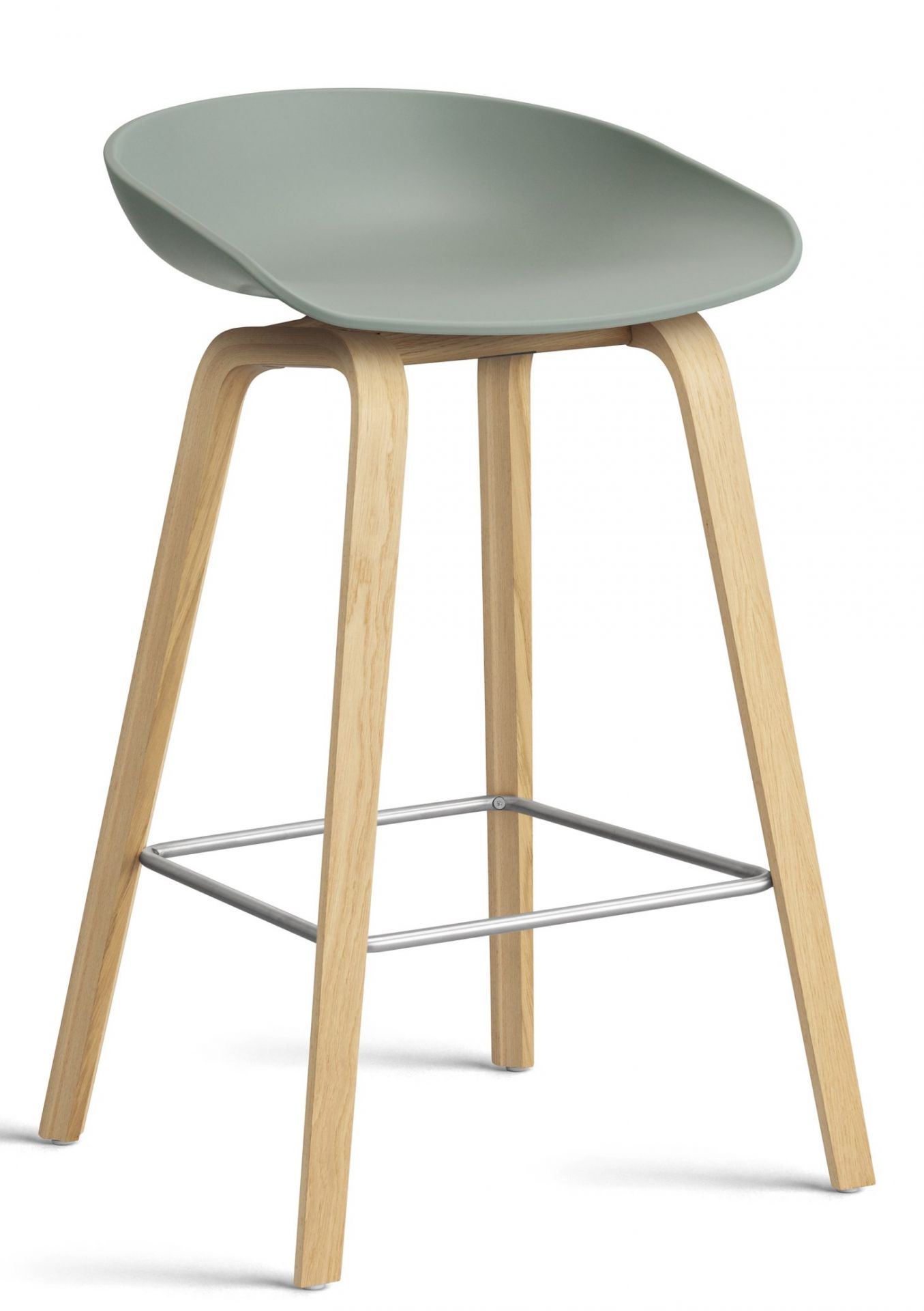 Hay AAS32 Barhocker niedrig, Fall Green Sitzfläche, Holzbeine und Metallfußstütze. Moderner Hocker.