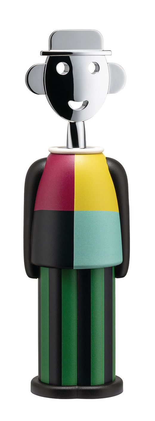 Alessi Alessandro M. Korkenzieher mit buntem Design und fröhlichem Gesicht für Weinliebhaber.
