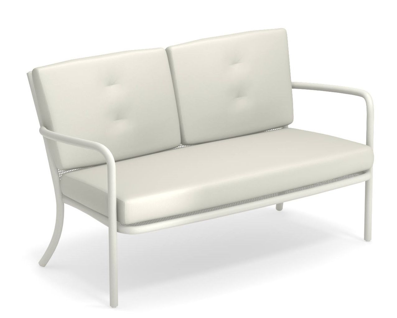 Athena 2-Sitzer Sofa von Emu für den Außenbereich, modernes Design mit weißen Polstern und Metallgestell.