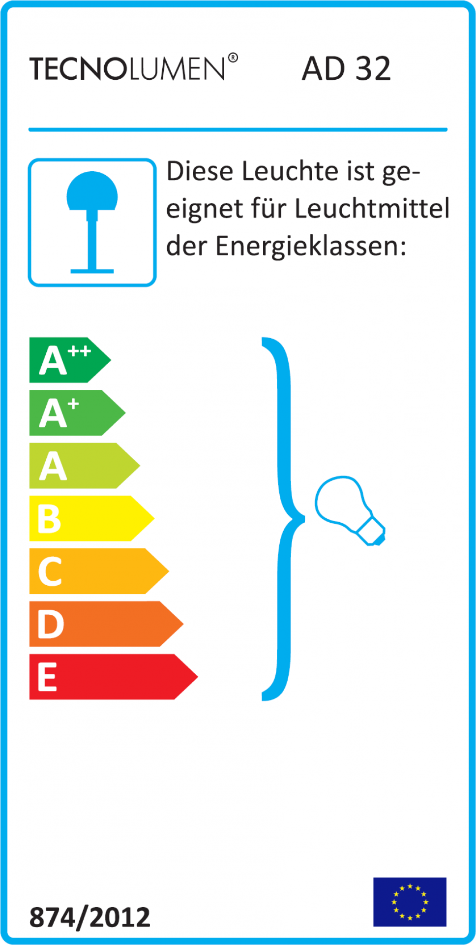 Energieeffizienzlabel für Tecnolumen AD32 Tischleuchte, zeigt Energieklassen von A++ bis E.