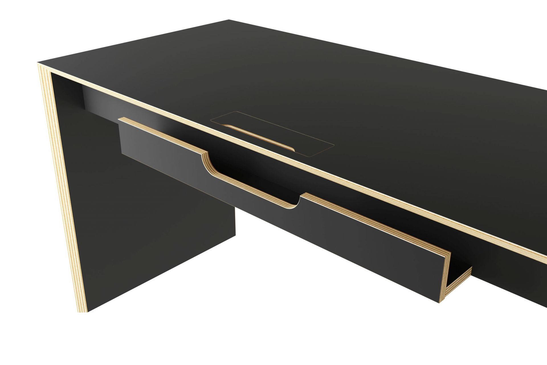 Schwarzer Bridge Schreibtisch von Müller Möbelwerkstätten mit Schublade und Kabeldurchlass, modernes Design für Büro und Arbeitszimmer.