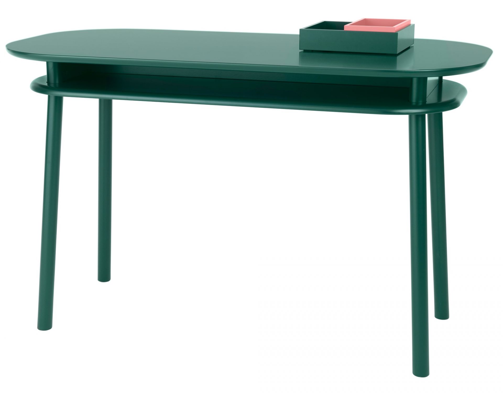 Grüner Schönbuch Schreibtisch mit Ablage und rosa Akzent, moderner Bürotisch für Arbeitszimmer.