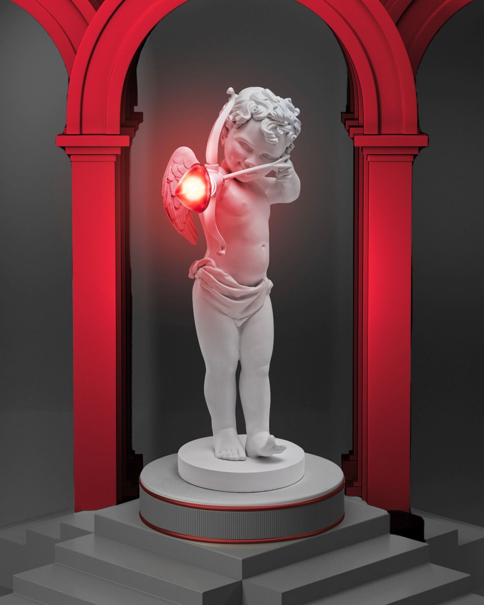 Seletti Cupid Lampe: Skulptur eines Amor mit leuchtendem Pfeil und Bogen als Tischleuchte.