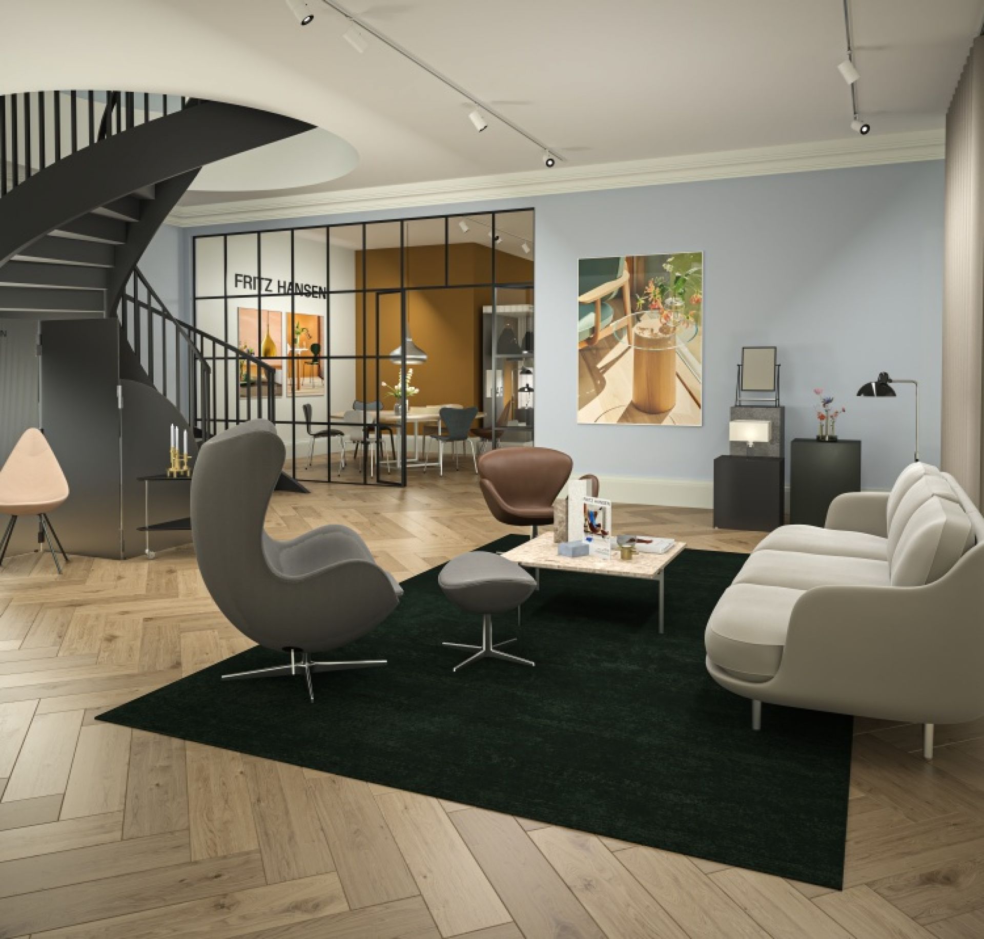 Helles Wohnzimmer mit beigem Lune Sofa von Fritz Hansen, Sessel, Teppich und Designermöbeln.