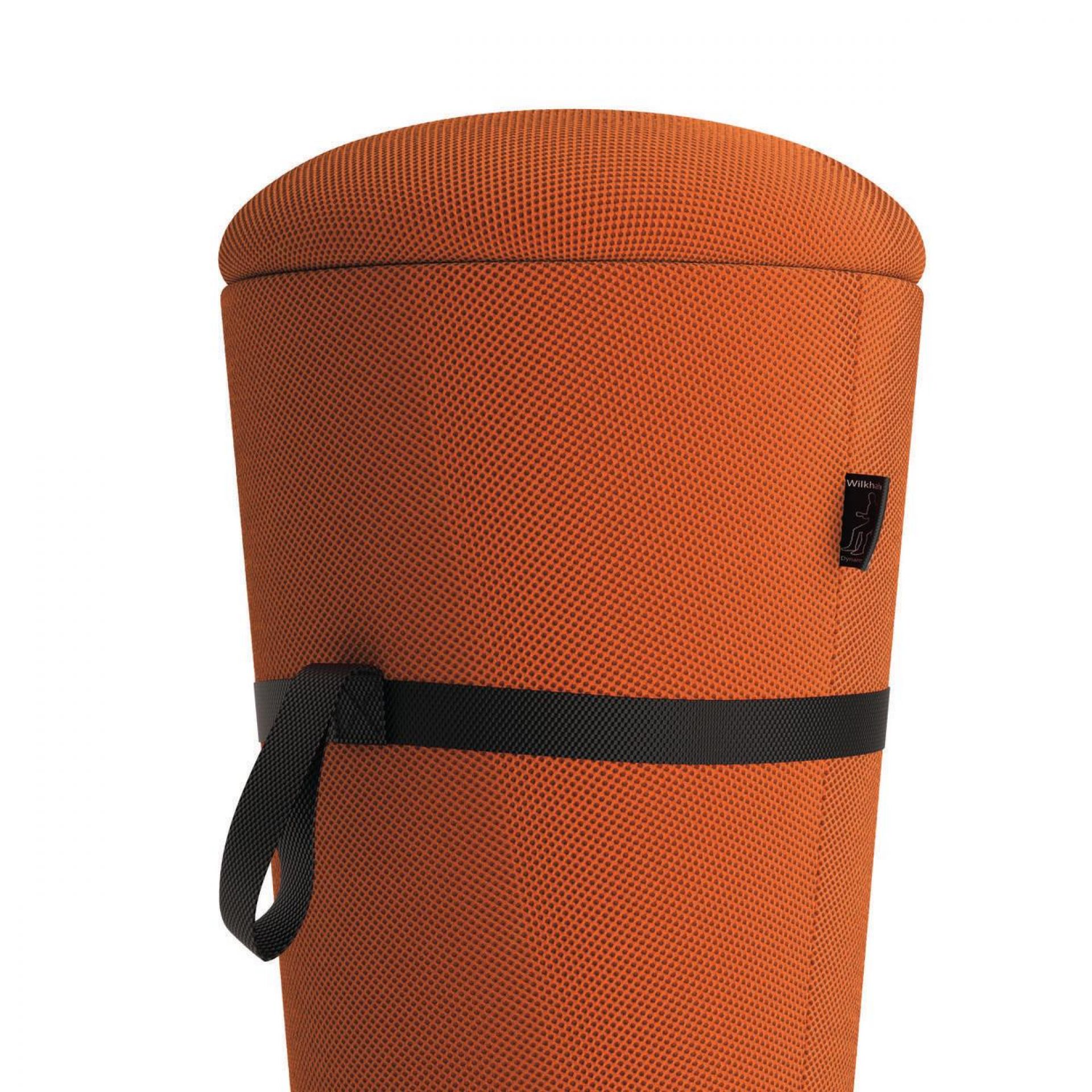 Oranger Wilkhahn Stand-Up Sitzhocker mit schwarzem Tragegurt, ideal für ergonomisches Sitzen und Stehen.