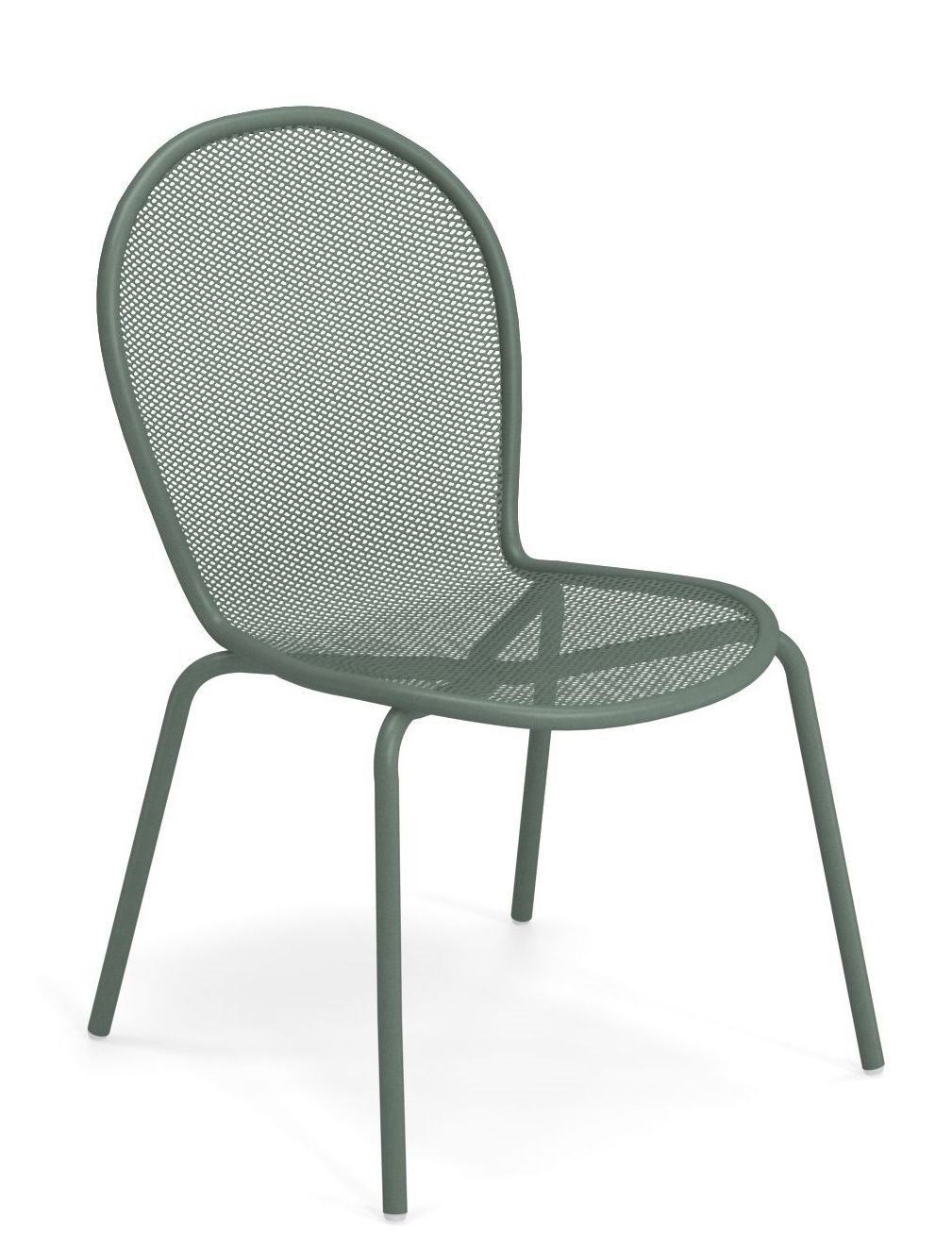Emu Ronda Stuhl für den Außenbereich, grüner Metallstuhl mit rundem Design und Netzstruktur.