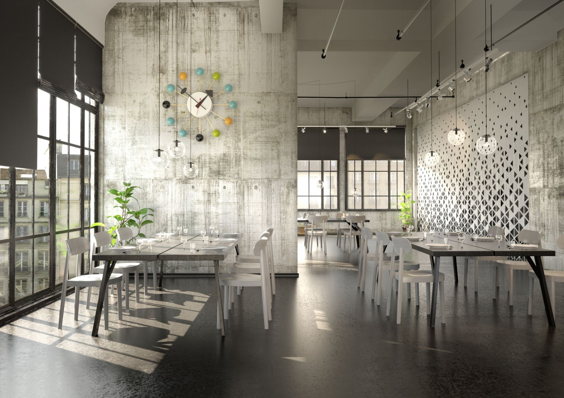 Innenaufnahme eines Restaurants mit Tischen und Stühlen. Im Vordergrund weiße Holzstühle ähnlich dem Thonet Stil.