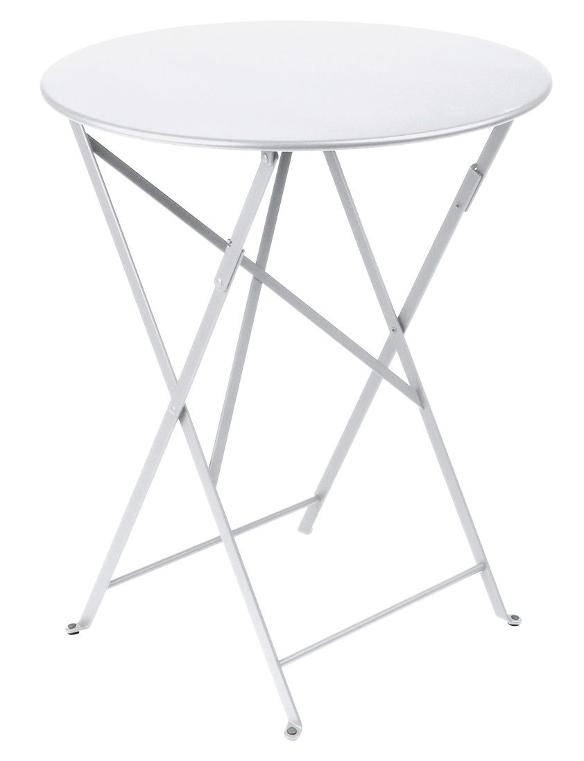 Weißer Bistro+ Tisch von Fermob für den Außenbereich, runder Gartentisch mit Klappgestell.