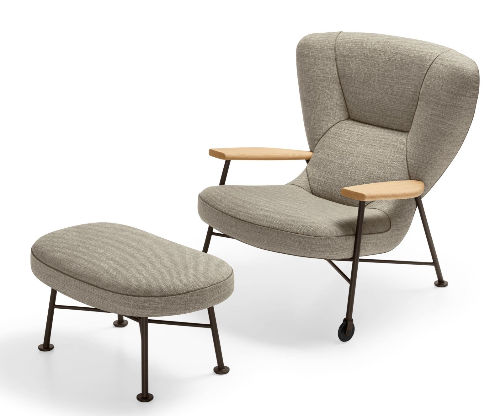 Walter Knoll Shinzo Sessel mit Hocker, Stoffbezug grau, Holzarmlehnen, modernes Design.