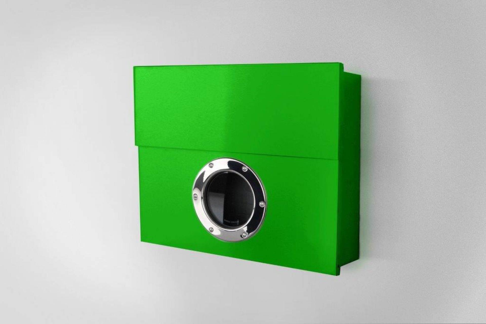 Grüner Letterman Briefkasten mit Sichtfenster, moderner Wandbriefkasten für Post und Zeitungen.