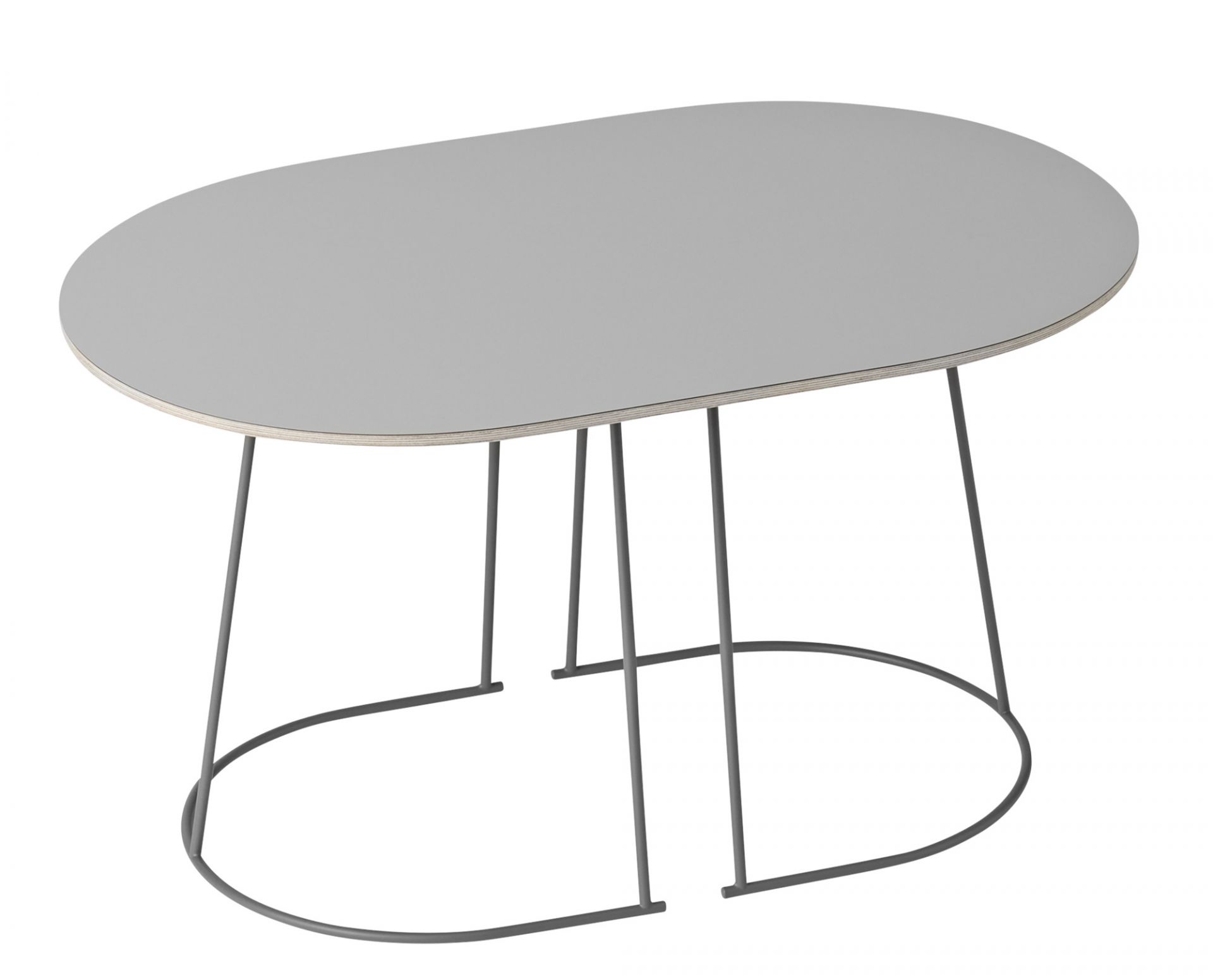 Grauer Airy Coffee Table von Muuto, kleiner Couchtisch mit ovaler Tischplatte und filigranem Metallgestell.