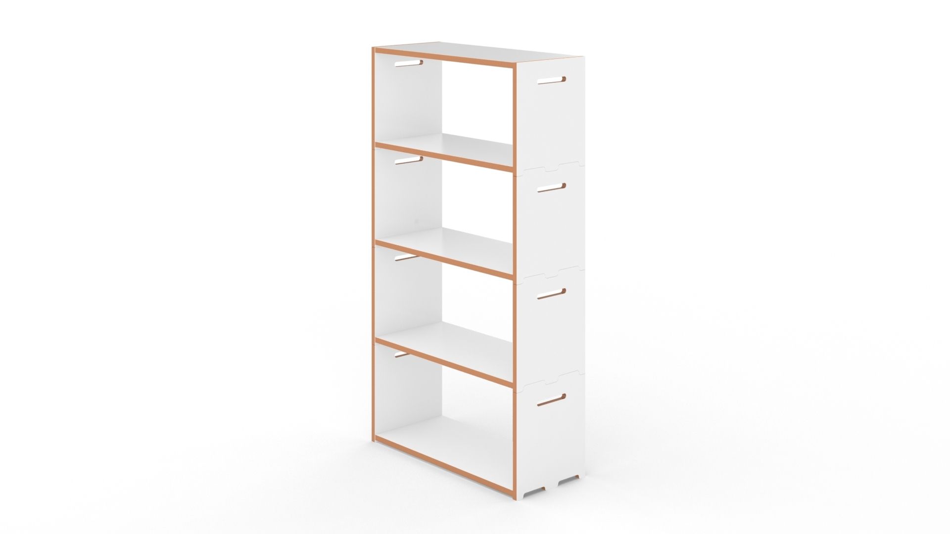 Tojo Hochstapler Regal Grundmodul: Weißes, modulares Regalsystem mit vier Fächern für Wohnzimmer und Büro.