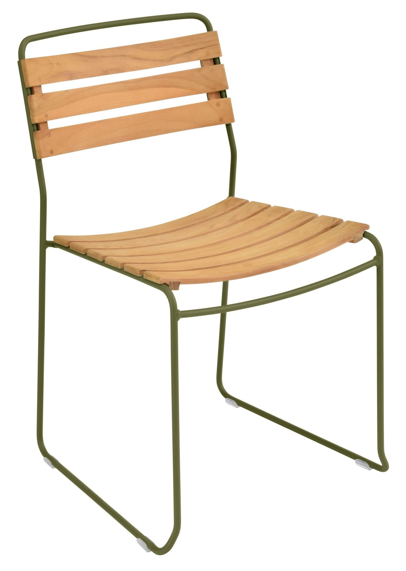 Surprising Teak Chair von Fermob für den Außenbereich: Holzstuhl mit grünem Metallgestell, Gartenmöbel.