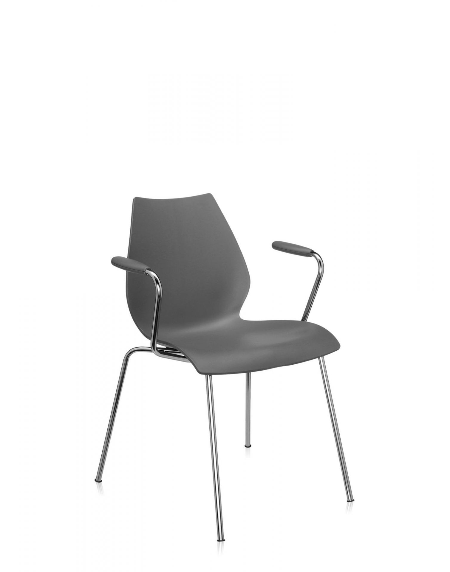 Anthrazitfarbener Maui Stuhl mit Armlehne von Kartell. Designstuhl mit Stahlgestell für Esszimmer und Büro.