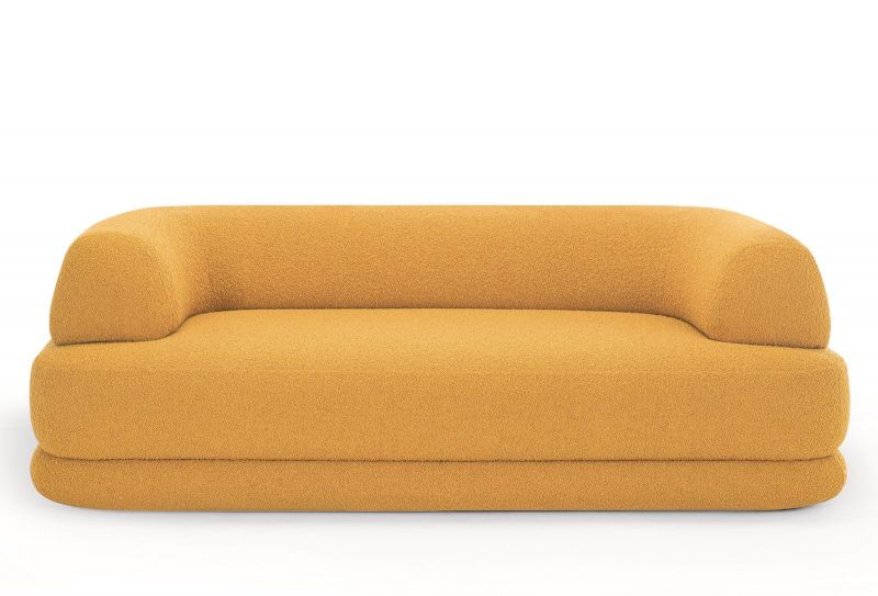 Gelbes Bumper Sofa von Zanotta mit Bouclé-Bezug, modernes Design für Wohnzimmer und Lounge.