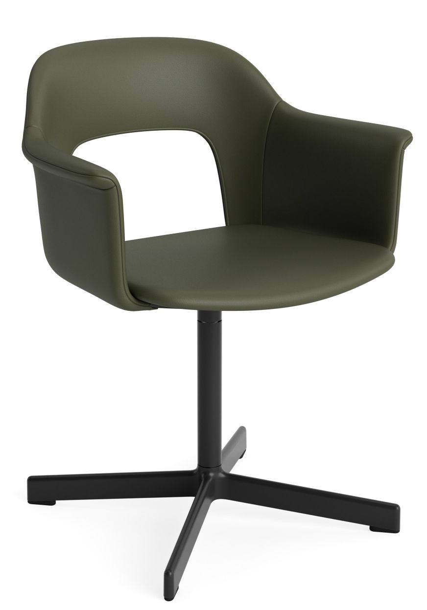Layout Armchair von Hay, grüner Bürostuhl mit Armlehnen und schwarzem Drehfuß für moderne Arbeitsbereiche.