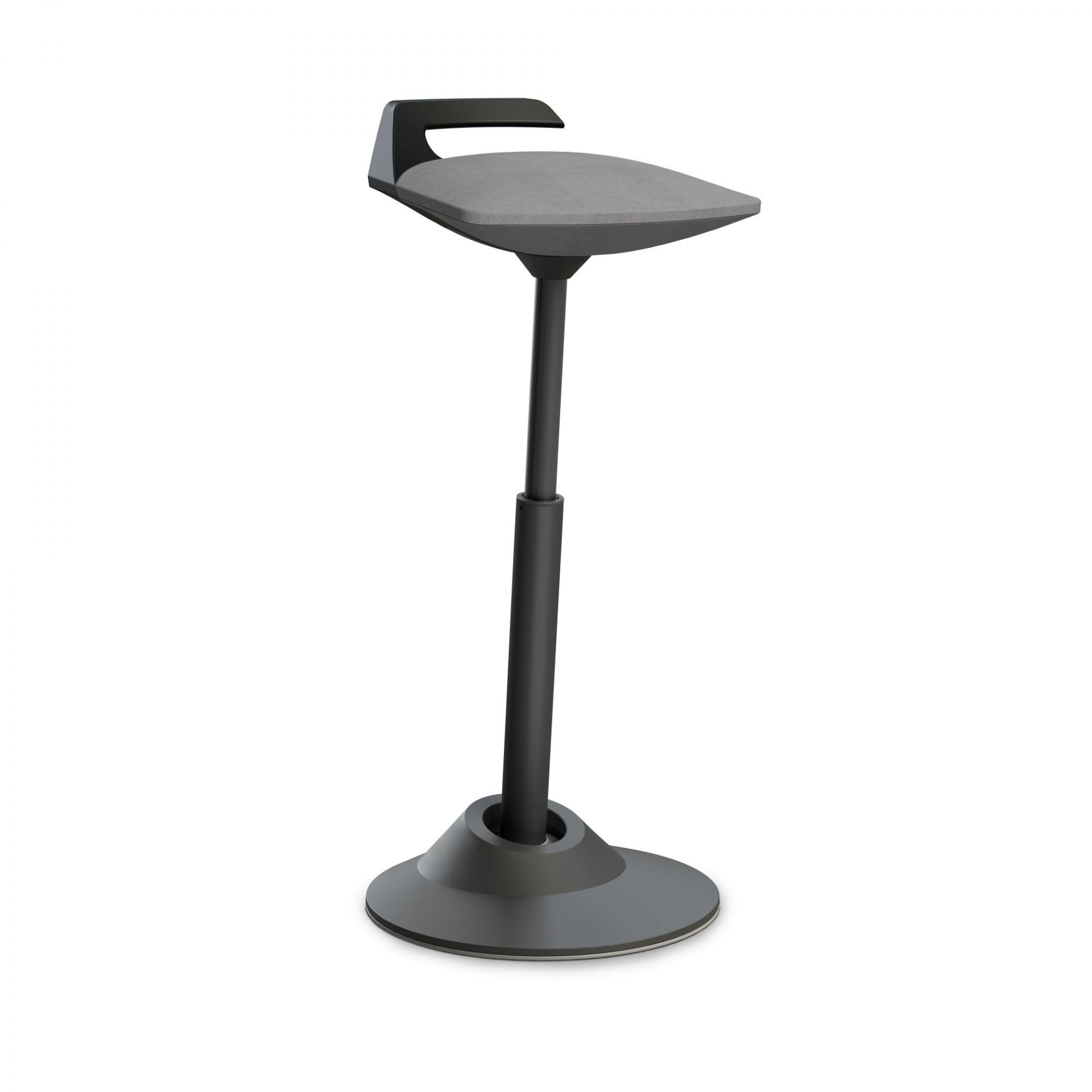 Grauer, höhenverstellbarer Stehhocker mit Fußstütze und runder Basis für ergonomisches Sitzen im Büro.