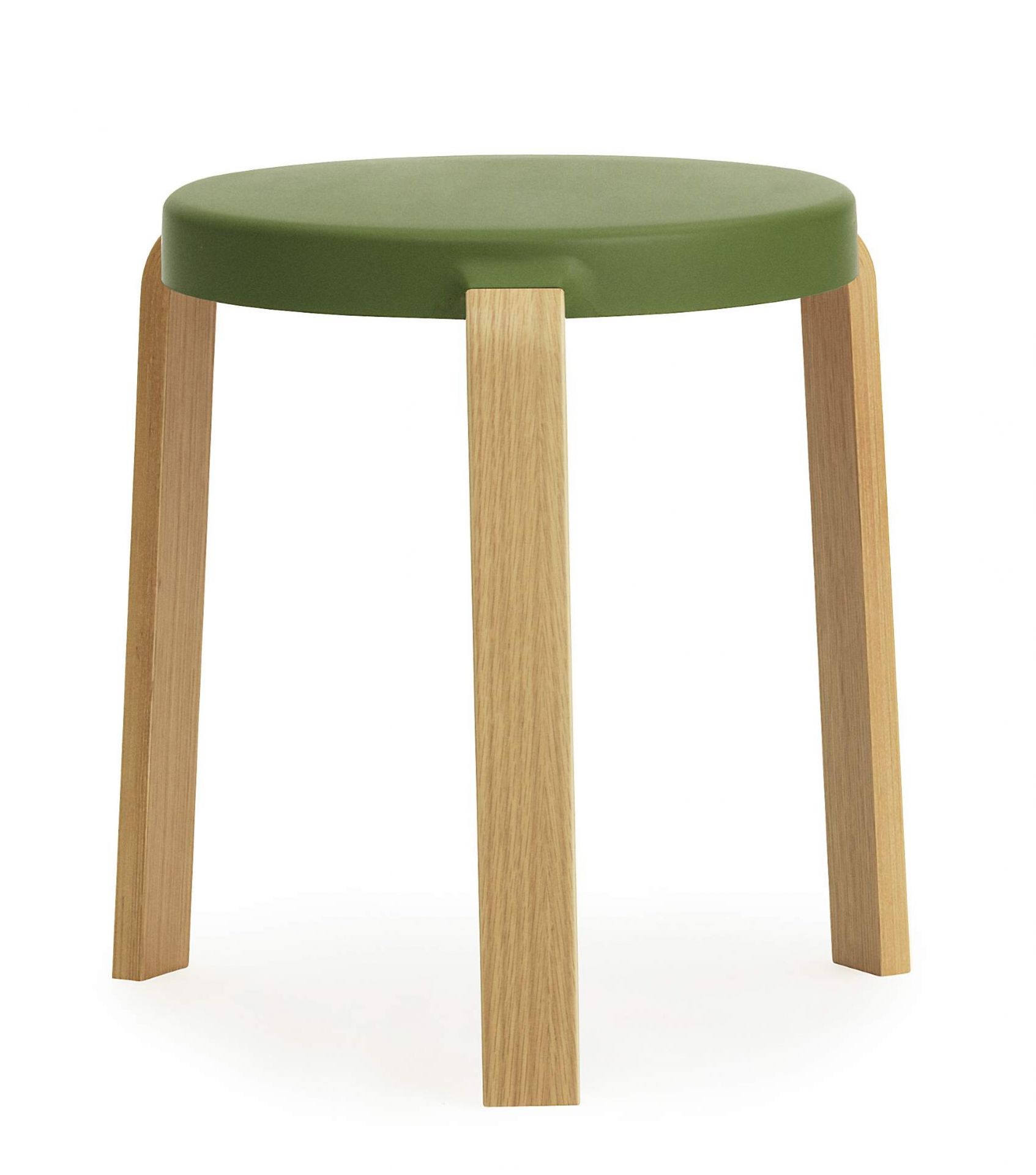 Normann Copenhagen Tap Hocker, grüner Sitz und helle Holzbeine, moderner skandinavischer Hocker für Esszimmer und Küche.