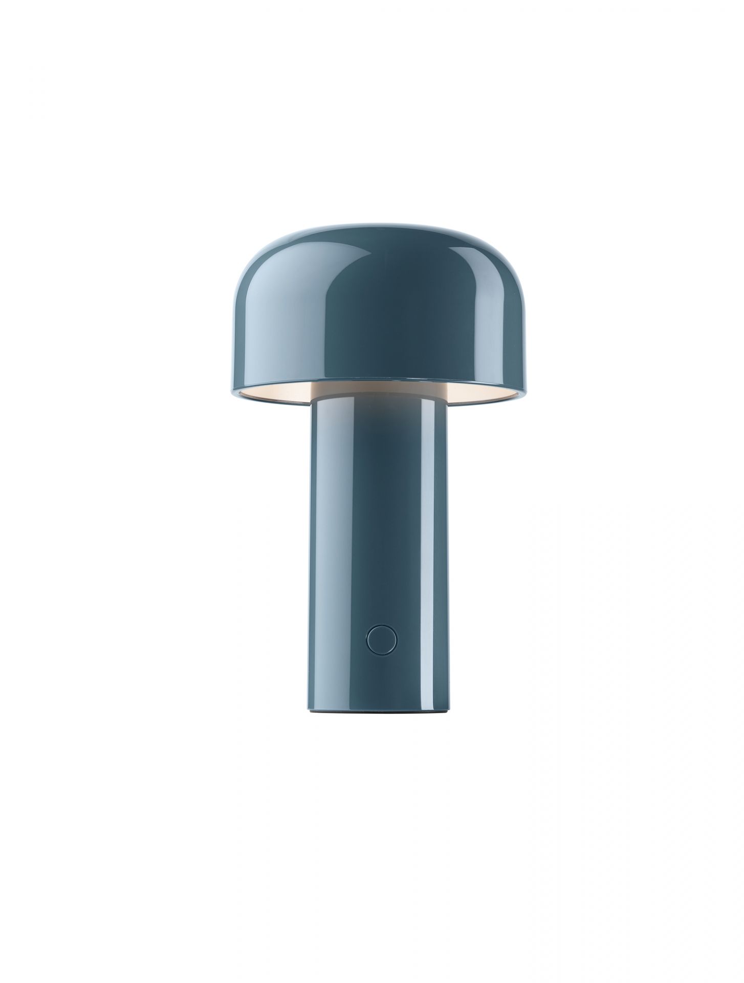 Bellhop Akku Tischleuchte in Grau-Blau von Flos mit USB-Kabel, modernes Design.