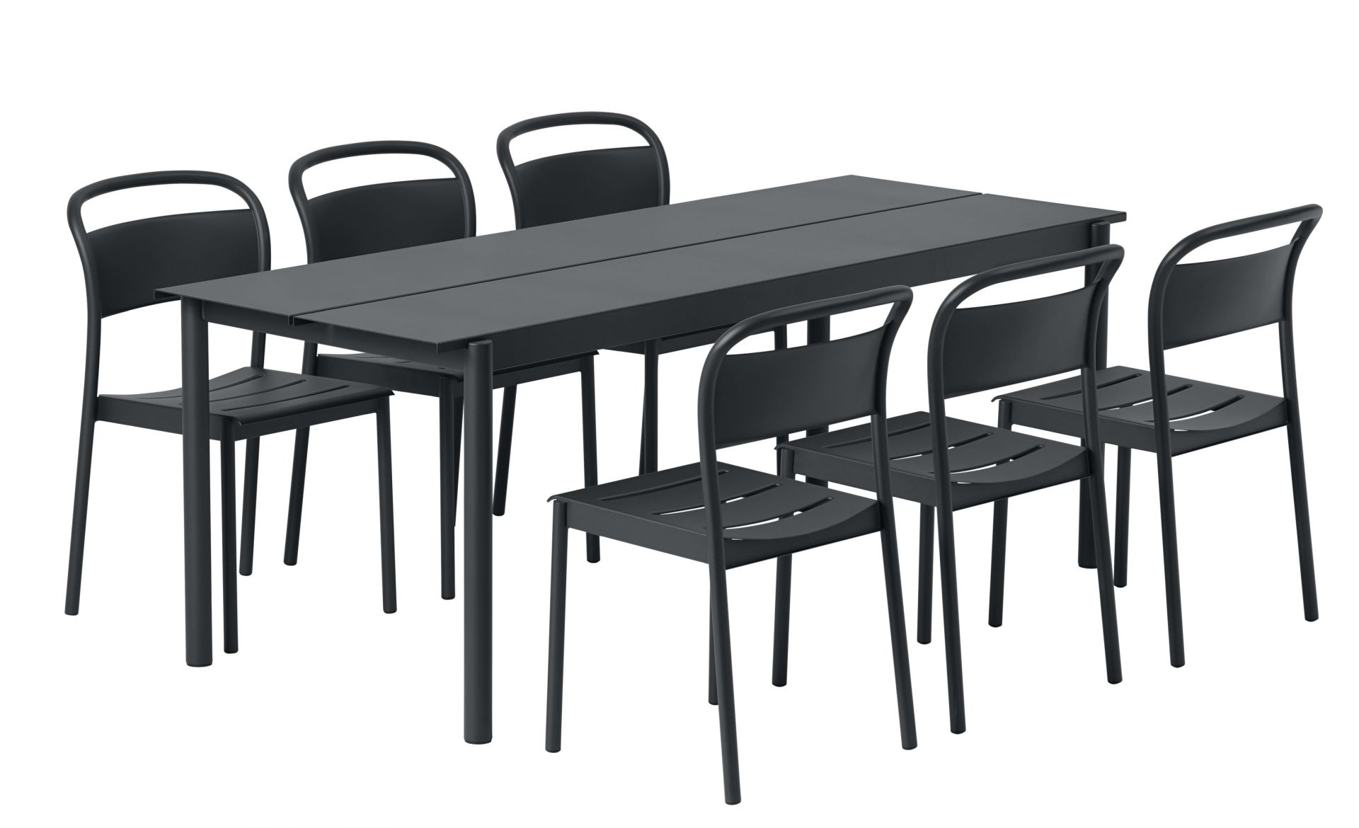 Muuto Linear Steel Side Chair Outdoor Stuhl in Schwarz mit passendem Gartentisch für sechs Personen.